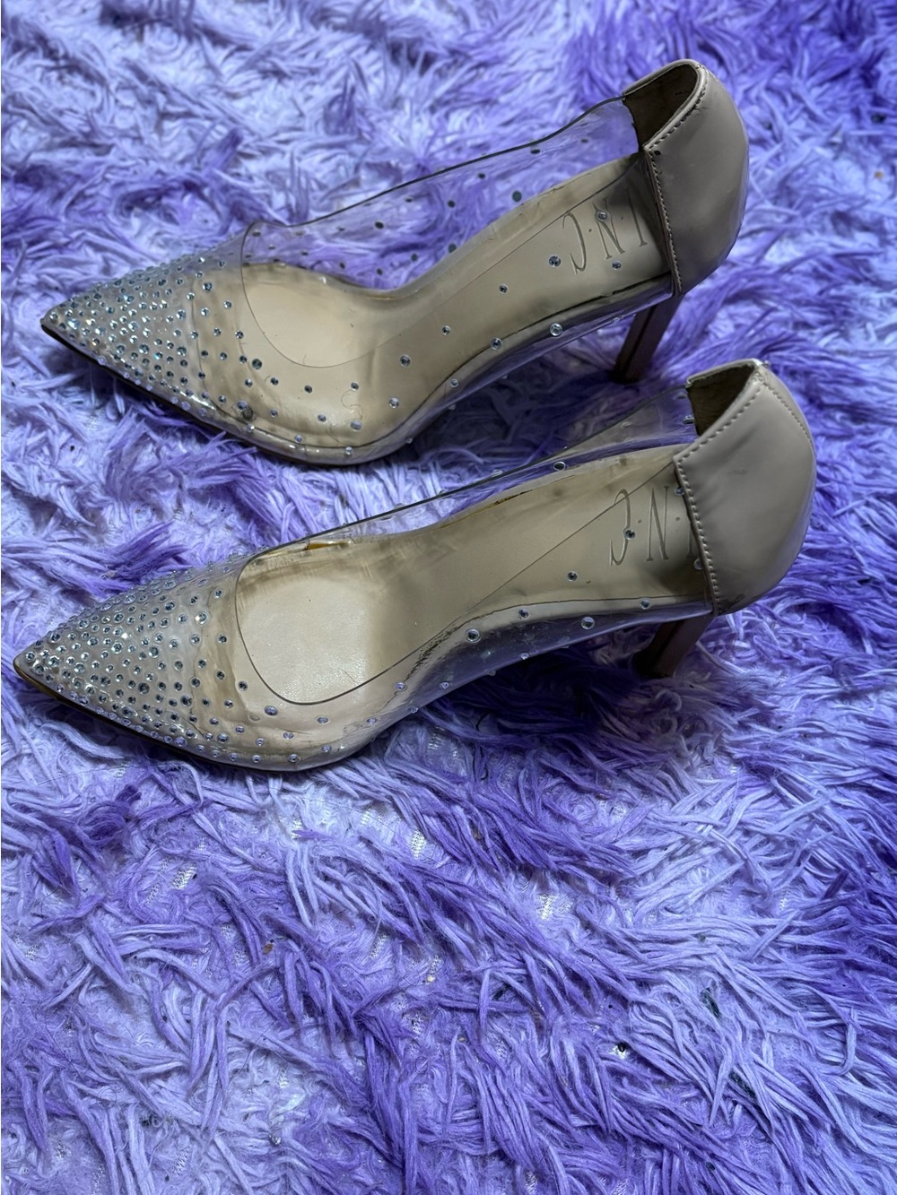 INC International Concepts Clear Pointed Toe Heels with Nude Trim